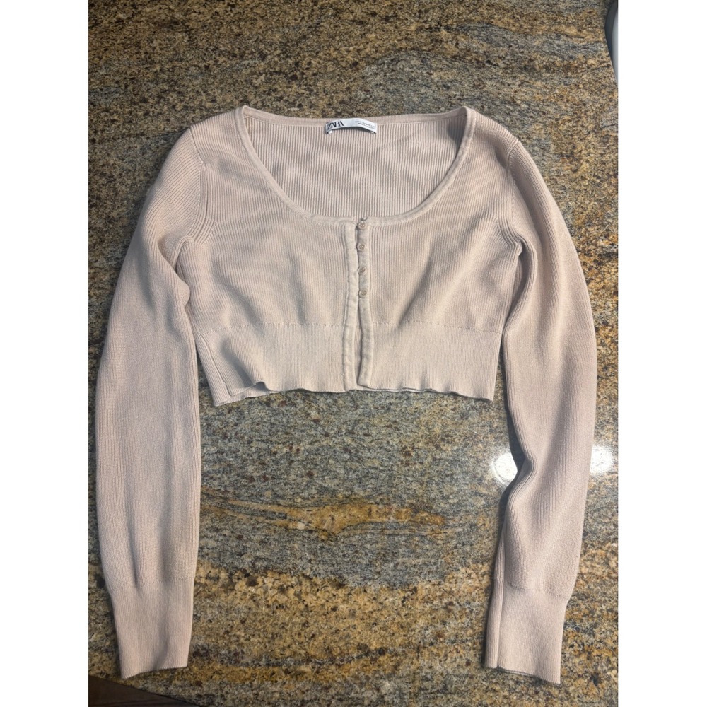 Zara Cropped Button Front Ribbed Knit Long Sleeve Top Size Medium
